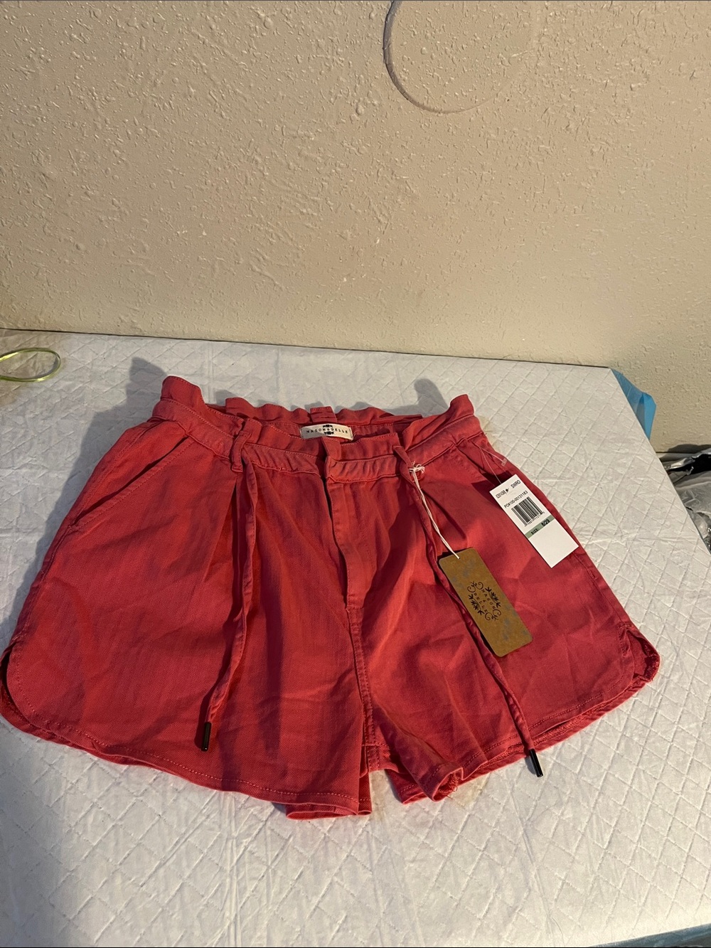 High-Waist Red Paperbag Shorts with Drawstring